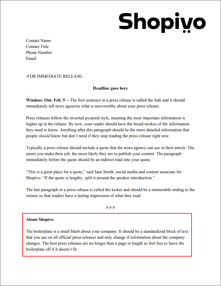 Press release formatting: boilerplate