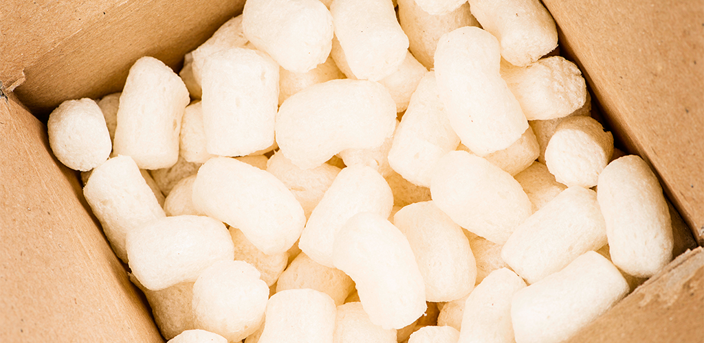 Biodegradable packing peanuts in cardboard box